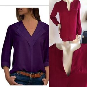 Deep Wine open v neck chiffon long sleeve blouse